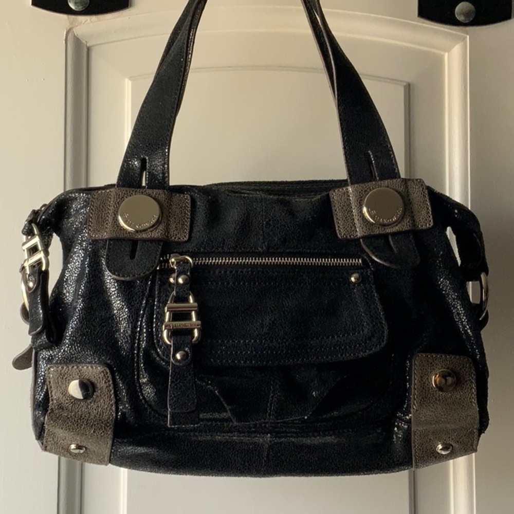 B Makowsky Linzee Steel Grey & Black Metallic Leather Handbag